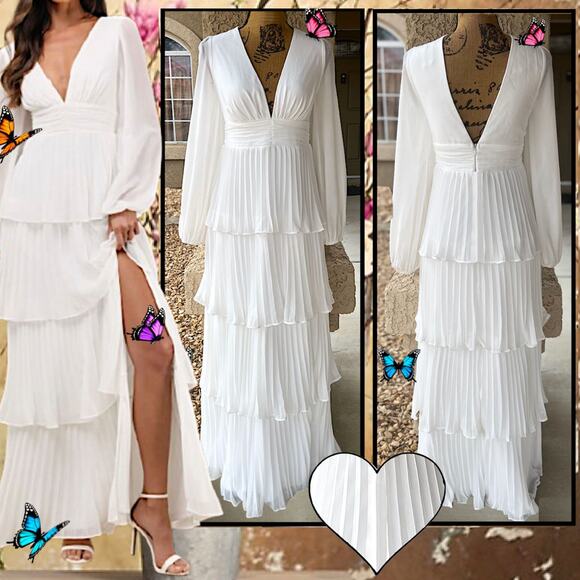 Lulus Graceful Finesse White Pleated Long Sleeve Maxi Dress Size M - Picture 1 of 12